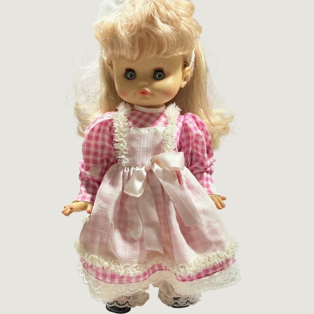 Pink Gingham Doll Blonde Hair Blue Sleep Eyes Lace Dress 14in Vintage Style